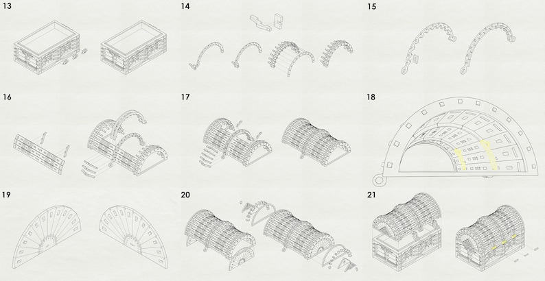 May include: A step-by-step diagram showing how to build a wooden chest with a curved lid. The diagram shows the individual pieces of wood, the assembly process, and the finished product.
