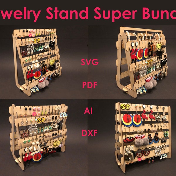 Jewelry Stand Laser Cut Files Super Bundle, Glowforge, svg, Jewelry Organizer, jewelry Display, pdf, dxf, ai, 3mm, 1/8 inch
