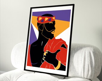 May include: A digital illustration of a person with a dark skin tone wearing a red and yellow patterned head wrap. The person is wearing a red and yellow patterned garment and has a beard. The background is a purple and yellow geometric pattern.