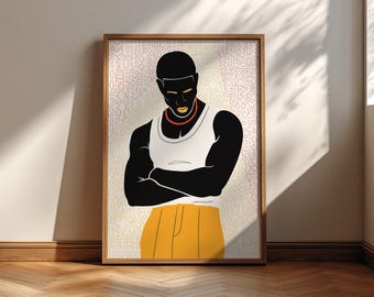 May include: A framed art print featuring a stylized illustration of a person with black skin, wearing a white tank top and yellow pants. The figure has their arms crossed and a red necklace. The background has a patterned design.