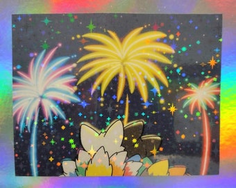 Pride Fox Firework Zing y Zang Holographic Waterproof Sticker o Imán