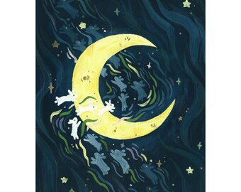 Dreamy Night Art Print - Bunnies Moon Gouache Illustration