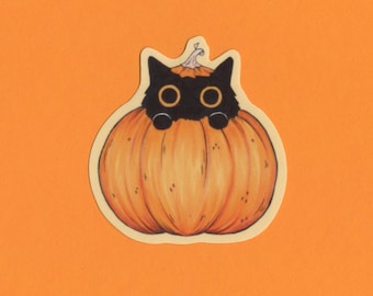 Black Kitten Pumpkin Sticker - Handmade Water Resistant Fall Decor