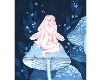 妖精アートの水彩画プリント - 秋のキノコ - ファンタジーアート