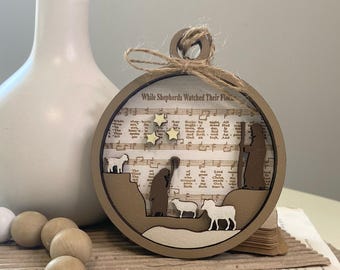 While Shepherds Watch Nativity Hymn Ornament, 3D Christmas Decoration, Wood Magnet