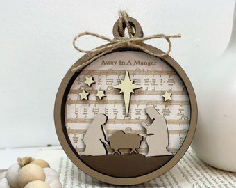 Away in the Manger Ornament: Laser Engraved Hymn Lyric Gift Tag, Wood Magnet