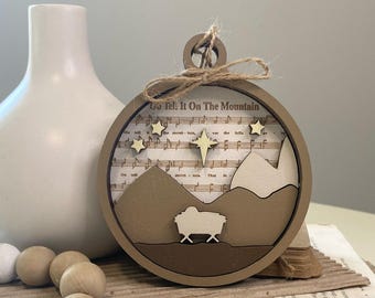 Go Tell It On The Mountain Ornament: Wood Nativity, Hymn Gift Tag, Wood Magnet