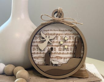 Angels We Have Heard on High Ornament: Wood Nativity, Hymn Gift Tag, Wood Magnet