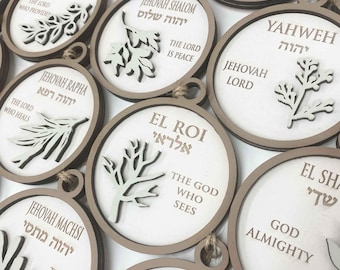 Names of God Hebrew Engraved Wood Ornaments: Christian Advent Gift Tags, Set of 24