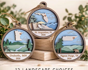 Personalized City State Ornament, Layered Wood Landscape, 12 Designs, Custom Front and Back Engraving