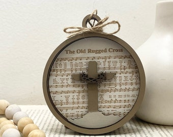 Old Rugged Cross Ornament: Hymn Sheet Music Gift Tag, Wood Magnet