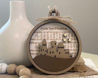 O Little Town of Bethlehem Ornament: 3D Wood Nativity, Hymn Gift Tag, Wood Magnet