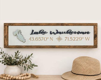 Personalized 3D Lake Map Sign: Engraved Coordinates, Framed Wood Art