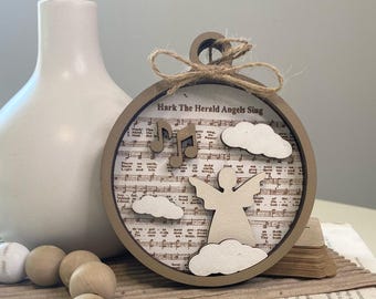 Hark the Herald Angels Sing Ornament: Wood Nativity, Hymn Gift Tag, Wood Magnet