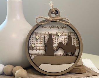 Silent Night Ornament: Laser Engraved Wood Hymn Gift Tag, Wood Magnet
