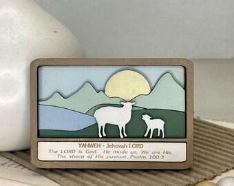 Yahweh - Jehovah LORD Wood Magnet: Shepherd & Sheep, Psalm 23