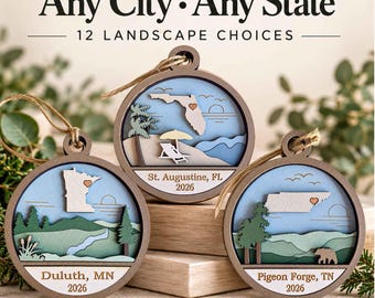 Personalized City State Ornament, Layered Wood Landscape, 12 Designs, Custom Front and Back Engraving