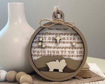 What Child is This Ornament: Wood Nativity, Sheet Music Gift Tag, Wood Magnet