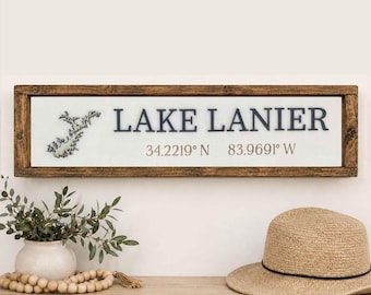 Custom Lake Map Sign: 3D Wooden Lake Art with Coordinates
