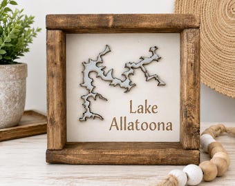 Custom Lake Map Wood Sign: 3D Lake Outline Art (7"x7")