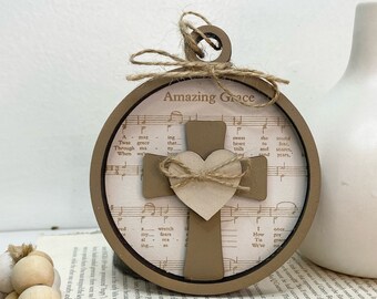Engraved "Amazing Grace" Wood Ornament, Hymn Gift Tag, Music Ornament, Wood Magnet