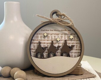 God Rest Ye Merry Gentlemen Ornament: Wood Nativity, Hymn Gift Tag, Wood Magnet