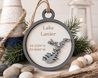 Custom Lake Map Ornament: Engraved Wood Keepsake Gift Tag