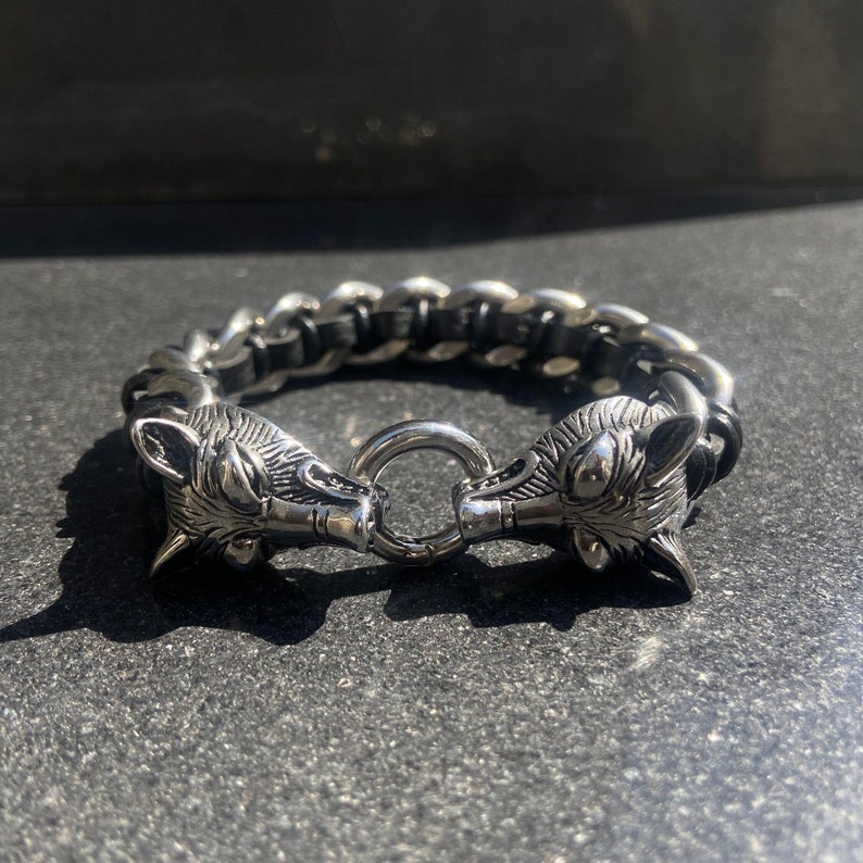Wolf Head Bracelet For Men - 316L Stainless Steel Viking Norse Jewelry, Mesh Chain, Adjustable Sizes, Gift Box