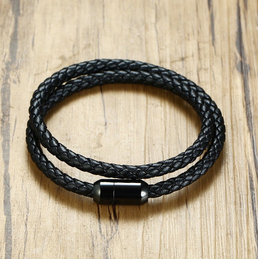 thumbnail image 2 of Sleek Black Braided Leather Magnetic Bracelet For Men - Stainless Steel, 8 Inches 2 of 4