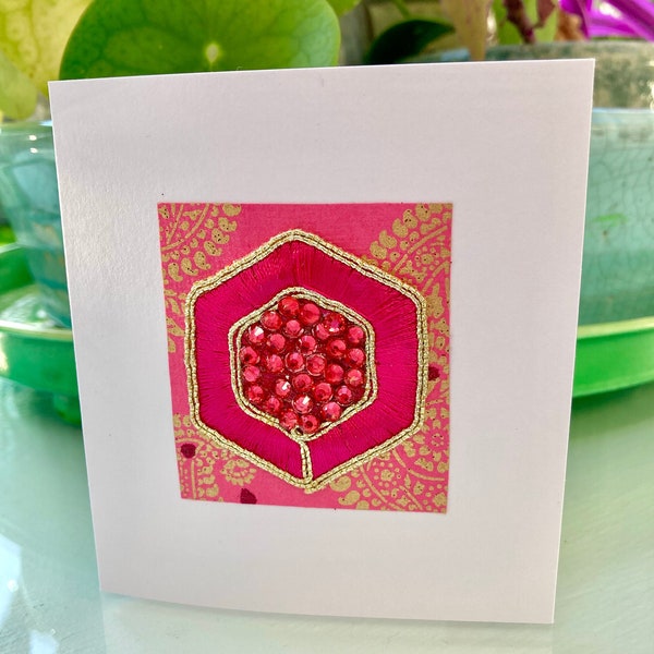 HANDMADE GREETINGS CARD - Bright Fuchsia Pink and Gold - Embellished - Any Occasion - Christmas - Birthday - Thank You - Blank Inside