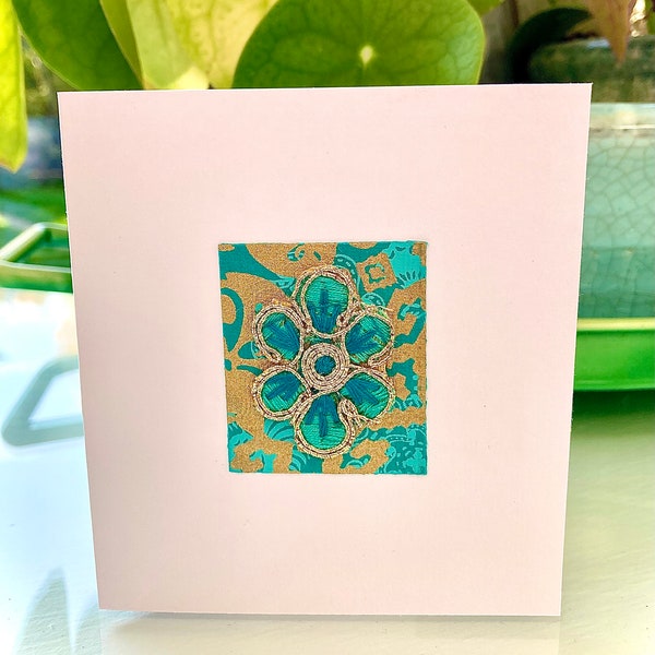 HANDMADE GREETINGS CARD - Bright Turquoise and Gold - Embellished Flower - Any Occasion - Christmas - Birthday - Thank You - Blank Inside