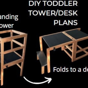 Peut inclure: Plans pour une tour/bureau pour enfant à faire soi-même. Une tour en bois avec un plateau noir et un marchepied se transforme en bureau avec un plateau noir et un marchepied. La tour et le bureau sont tous deux en bois et ont une finition naturelle.