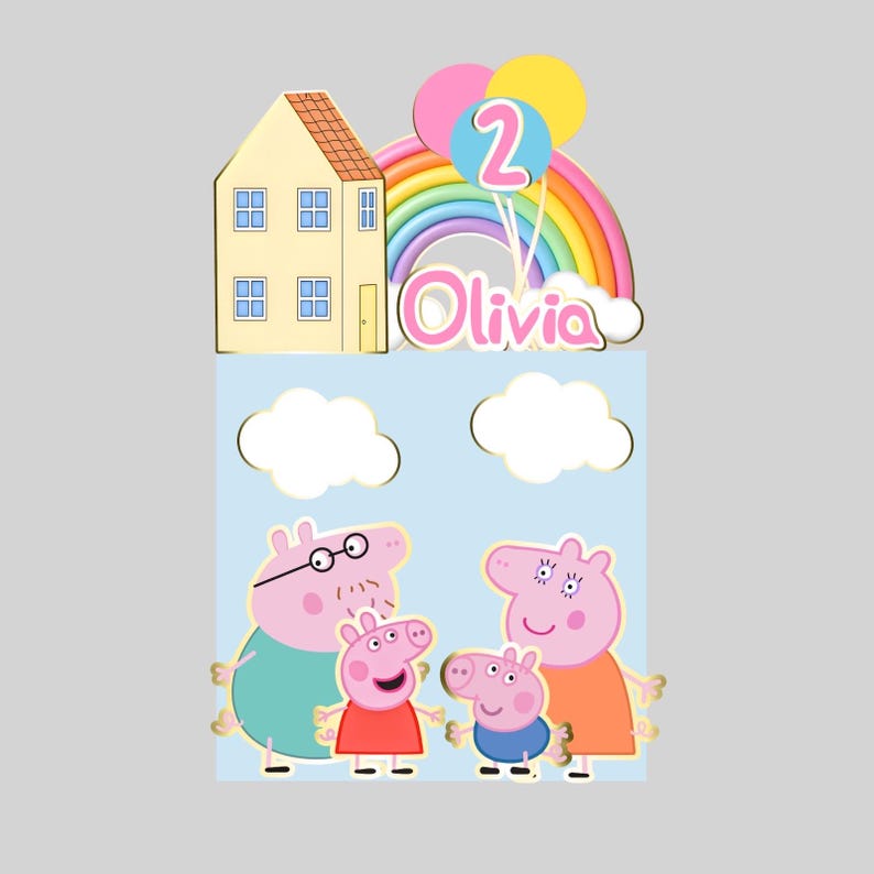 May include: A birthday cake topper featuring a house, rainbow, and balloons. The topper includes the name "Olivia" and the number "2". Below, a family of cartoon pigs is depicted against a blue sky background with clouds.