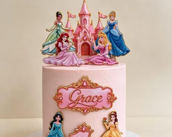 Décoration de gâteau Princesse rose de conte de fées | Décoration personnalisée pour gâteau d'anniversaire | Nom et âge personnalisés | Décoration de fête en papier de luxe