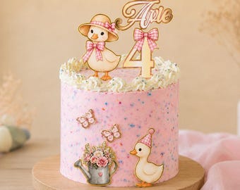Personalised Goose Cake Topper | Pink Duck Birthday Cake Topper | Floral Garden Birthday | Custom Name & Age Party Decoration