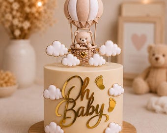 Décoration de gâteau neutre pour baby shower | Oh Baby Ours en peluche Montgolfière | Décoration de baby shower luxueuse beige et or | Décoration de gâteau personnalisée