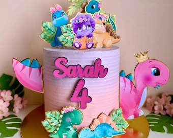 Watercolor Dinosaur Cake Topper • Pink & Gold Birthday Party Decor