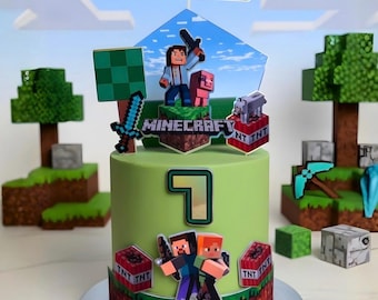 Pixel Adventure Cake Topper - Personalised Set Block Gamer Birthday