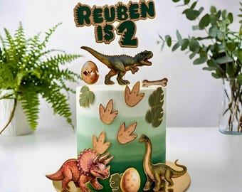 Décoration de gâteau dinosaure avec nom et âge – Décoration de fête d'anniversaire dinosaure