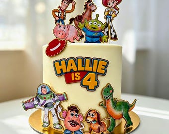 Ensemble de décorations personnalisées pour gâteau d'anniversaire sur le thème des cowboys et des rangers de l'espace, avec nom et âge personnalisables. Décorations inspirées des dessins animés et des aventures pour enfants.