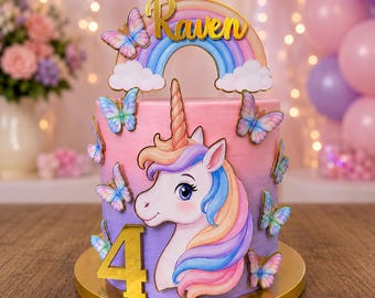 Décoration de gâteau licorne personnalisée, arc-en-ciel pastel et papillon, nom et âge personnalisés