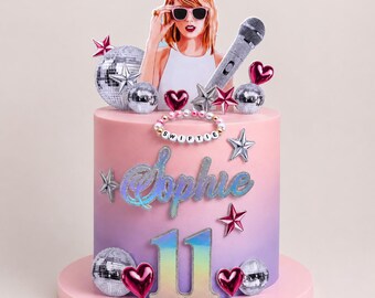 Personalised Pop Star Cake Topper | Pink Disco Birthday Cake Decoration | Glitter Party Topper | Custom Name & Age | Handmade