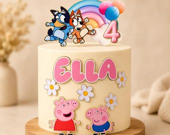 Décoration de gâteau d'anniversaire personnalisée avec cochon rose et chien bleu – Nom personnalisé