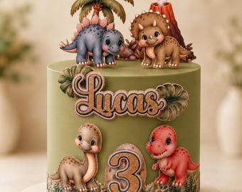 Boho Dinosaur Cake Topper | Personalised Dinosaur Birthday Cake Decorations | Sage Green Dino Party Decor | Custom Name & Age