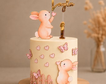 Personalised Bunny Cake Topper | Rabbit Birthday Cake Topper | First Birthday Decor | Pink Bunny | Custom Name & Age | Handmade UK