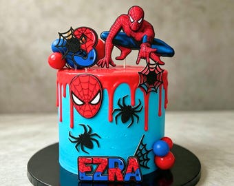 Décoration de gâteau super-héros personnalisée – Décoration de gâteau d'anniversaire inspirée des araignées, avec nom et âge personnalisés