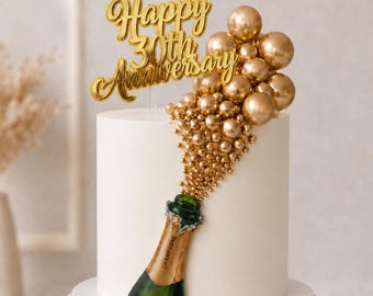 Décoration de gâteau personnalisée avec bouteille de champagne | Décoration de gâteau d'anniversaire ou de mariage personnalisée | Décoration en carte dorée effet miroir