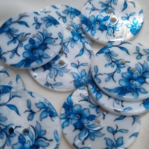 Blue Floral Mother-of-Pearl Button: 30mm Natural Shell