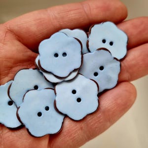 Peut inclure: Un ensemble de boutons en forme de fleur bleu clair avec une bordure brune. Les boutons ont deux trous chacun.