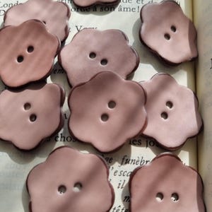 Op de afbeelding: Een verzameling bloemvormige knopen in een zachte roze tint met een donkerbruine rand. Elke knoop heeft twee gaten om te naaien. De knopen zijn gerangschikt op de pagina's van een vintage boek.